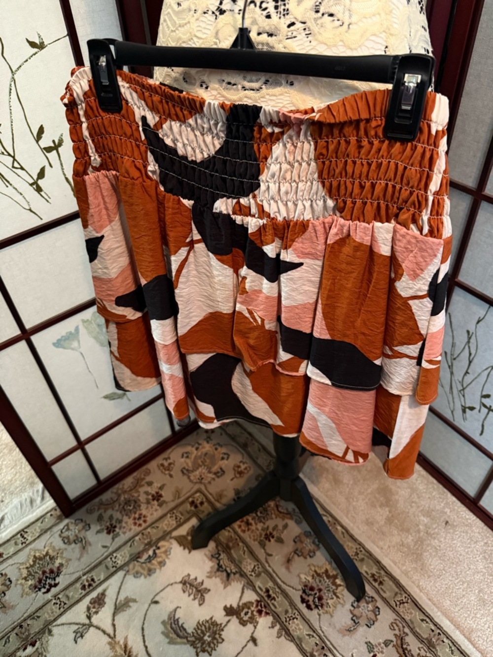 Abstract Tiered Mini Skirt in Rust and Pink